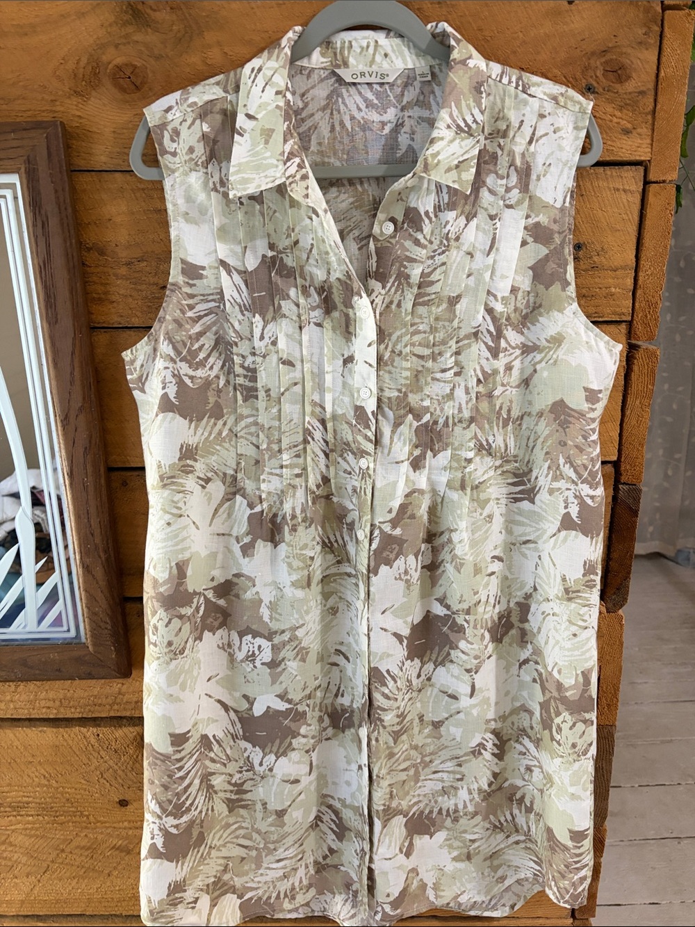 Orvis Beige and Cream Leaf-Print Sleeveless Midi Dress